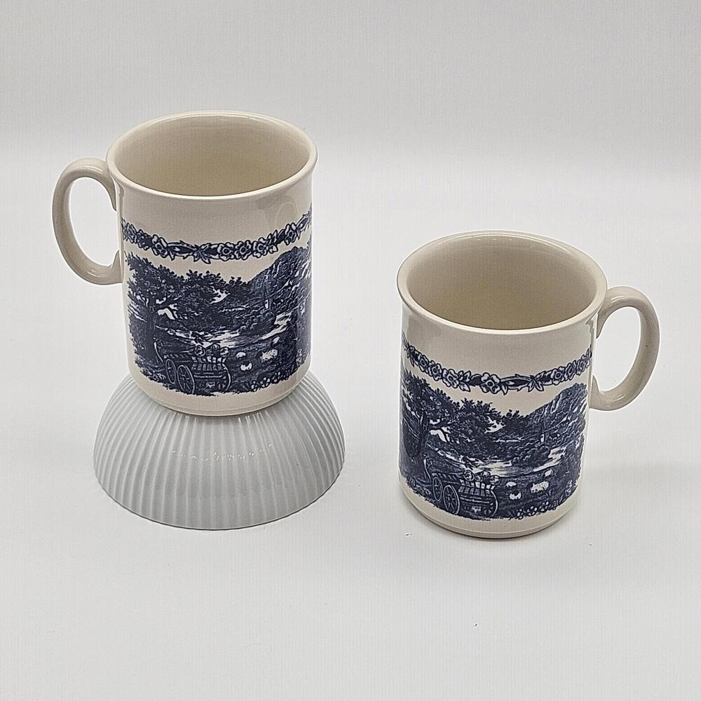 Scenic Landscape Blue Ironstone Transferware Coffee Mugs Set Of 2 England